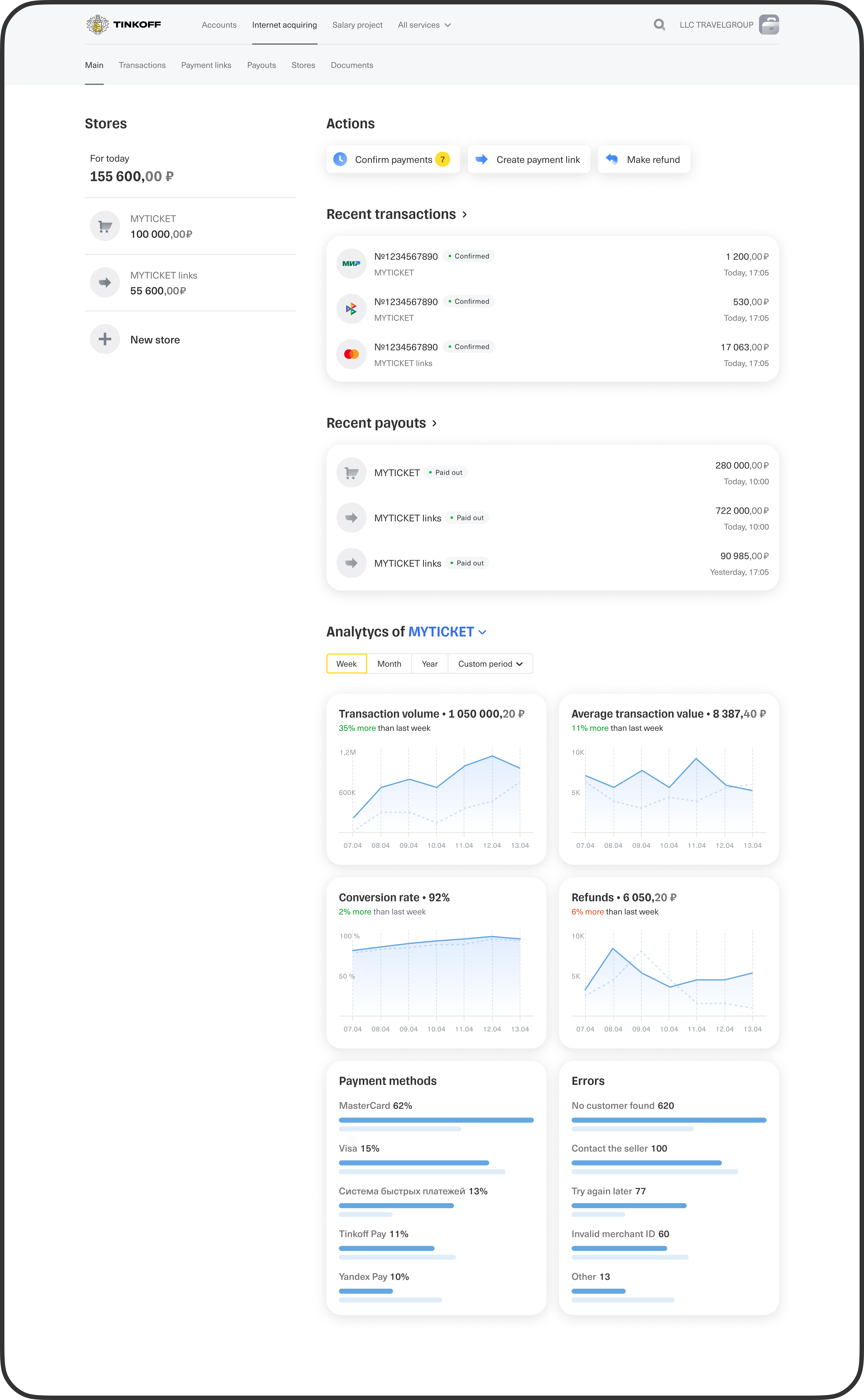 Main page: turnover, quick actions, recent transactions and payouts