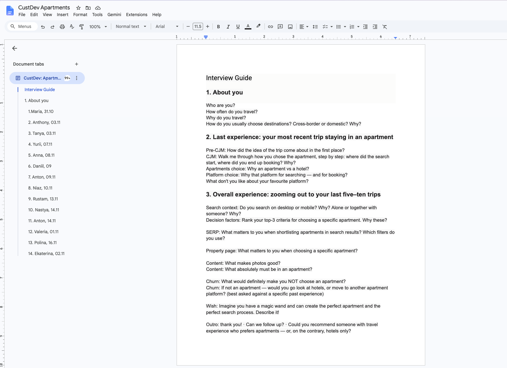 Interview guide — CustDev Apartments: the guide and 14 session transcripts in one doc